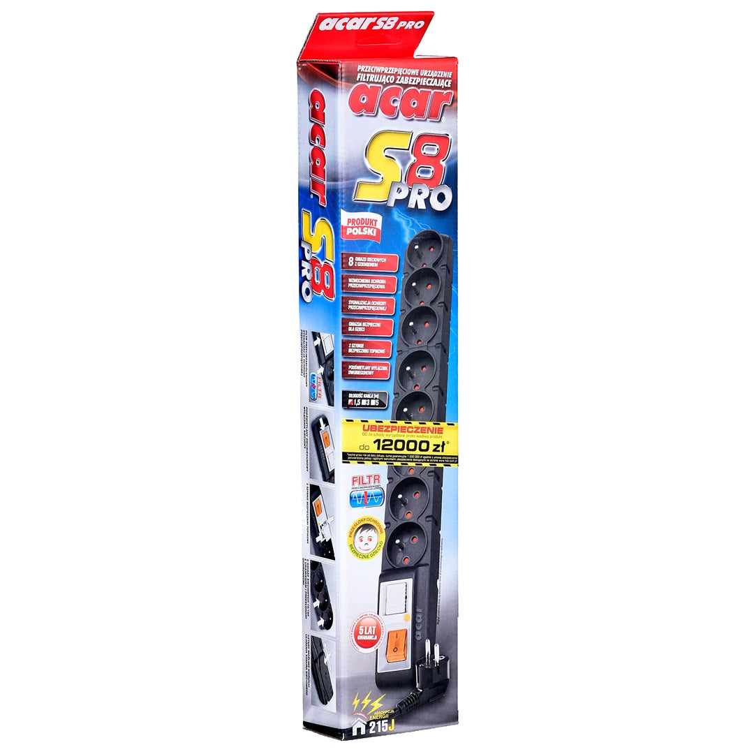 Acar S8 PRO Surge Protector 8 Sockets 1.5 m Black