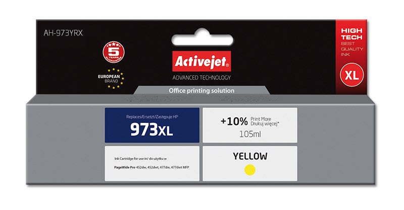 Activejet Ink Cartridge AH-973YRX, 105 ml, Yellow, Compatible with HP 973XL F6T83AE