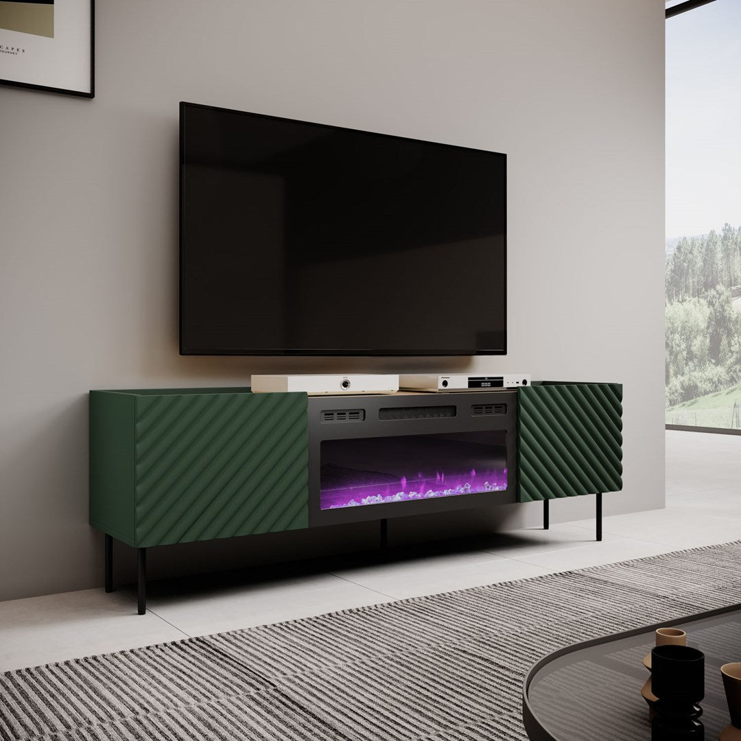 Cama MEBLE TV Cabinet with Electric Fireplace, 1805 mm Width, Green and Black Finish, Model ONDA 301442+