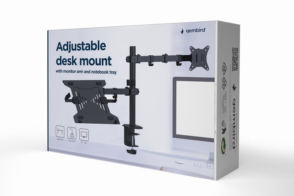 Gembird MA-DA-03 Adjustable Desk Mount with Monitor Arm and Notebook Tray 17”-32” up to 9 kg