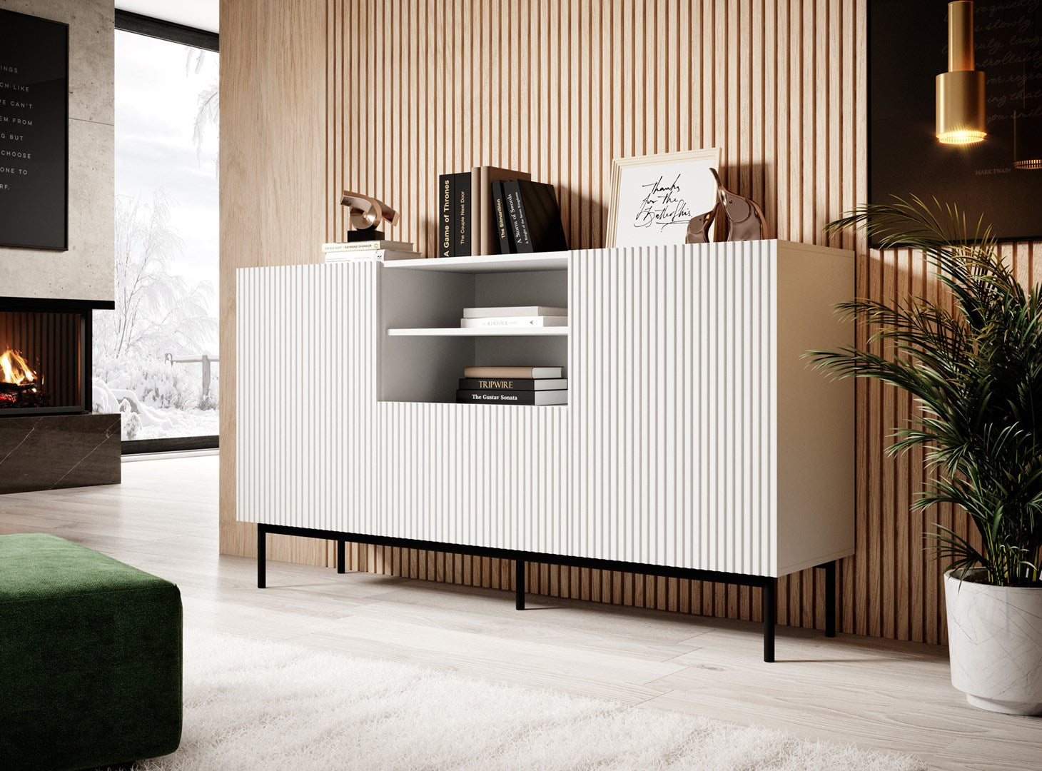 PAFOS Chest of Drawers on Black Steel Frame 150x40x90 cm White Matt