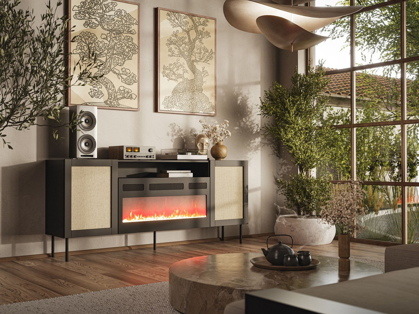 JUTA EF chest of drawers + electric fireplace 202x39.5x85 black + linol calabria