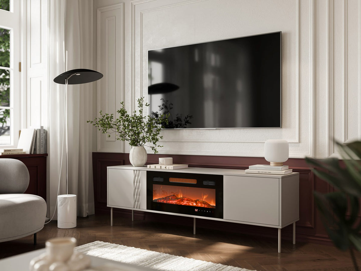 Cama MEBLE TV Cabinet with Electric Fireplace, 1800 mm Width, Cashmere Finish, Model TRESSE 400082+K