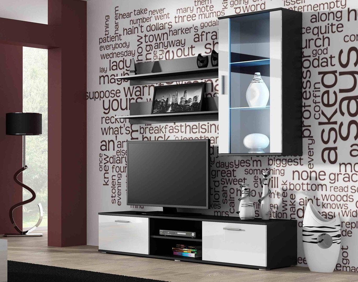 Cama Hanging Display Cabinet SOHO White/Black Gloss 1 Door 2 Shelves