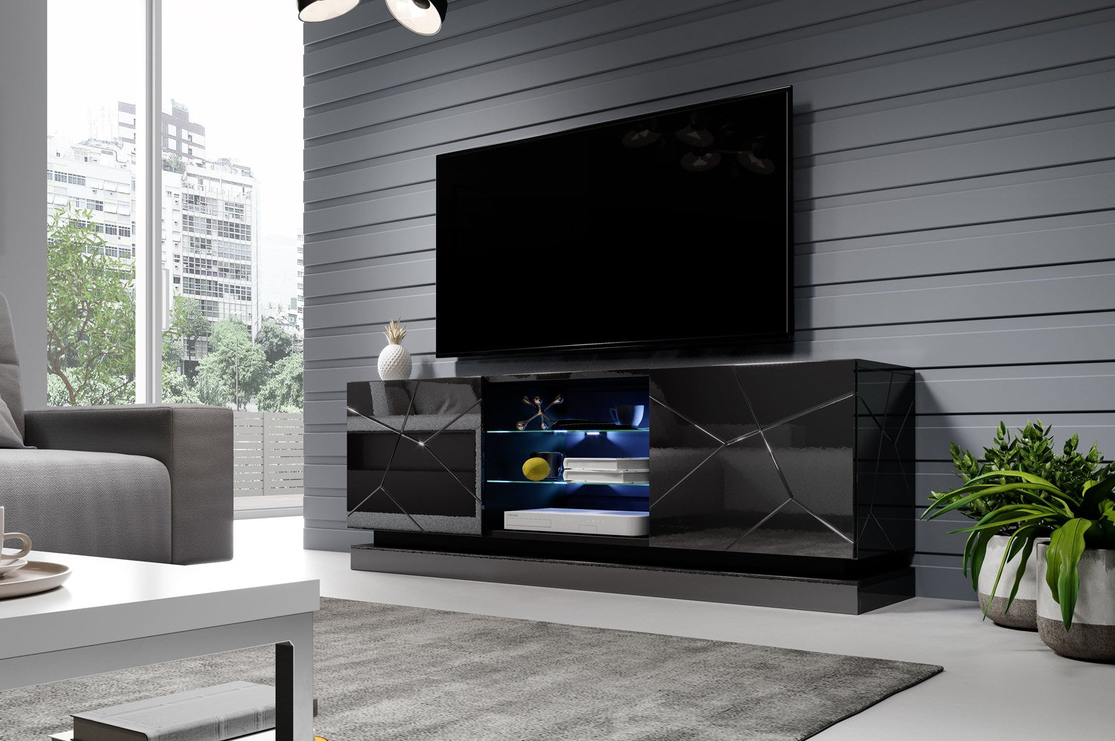 Cama TV Cabinet QIU 160 MDF Black Gloss/Black Gloss