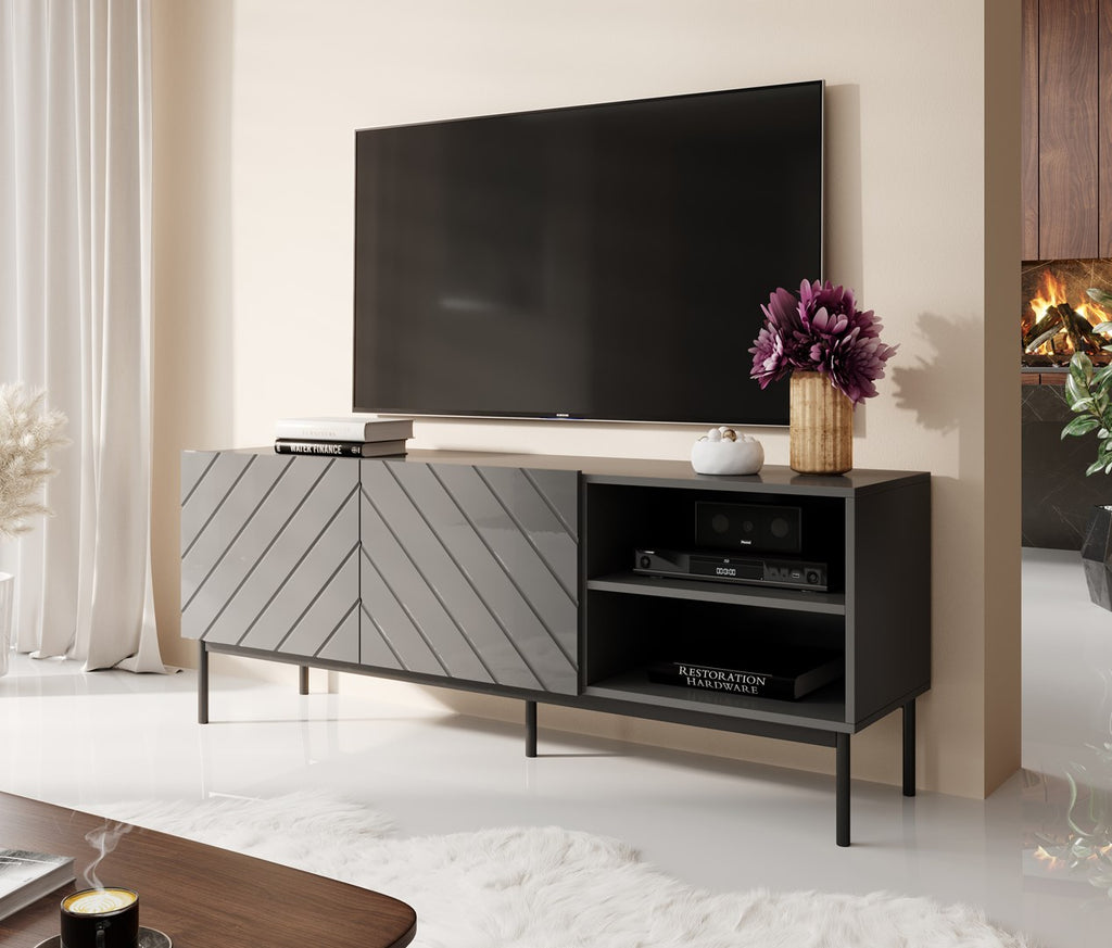 ABETO RTV Cabinet Black Steel Frame 150x42x60 cm Graphite/Glossy Graphite