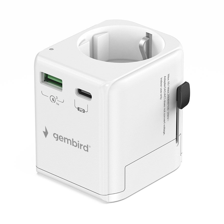 Gembird Grounded Universal Travel Power Adapter 20W White TPA-EU1A1C20-01-W