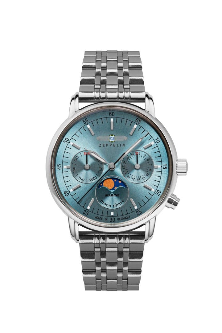 Zeppelin LZ 14 Marine Quartz Watch with Ice Blue Dial and Stainless Steel Bracelet - Model 8637 M-3 8637M-3