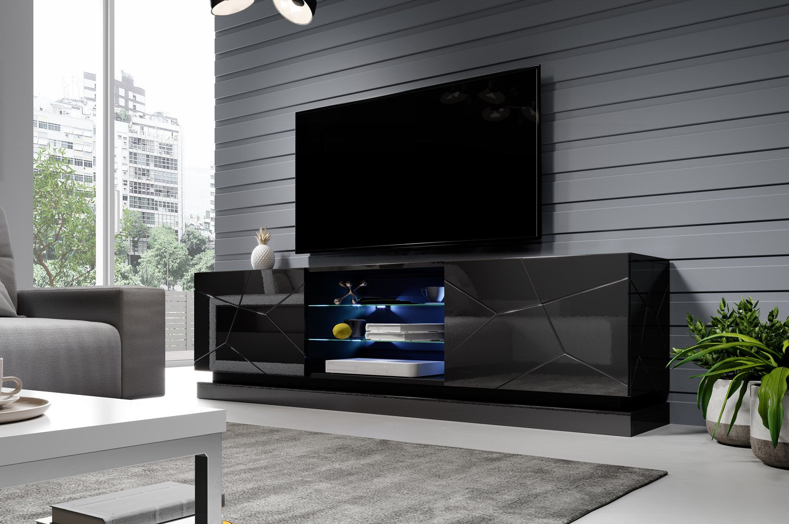 Cama TV Cabinet QIU 200 MDF Black Gloss/Black Gloss
