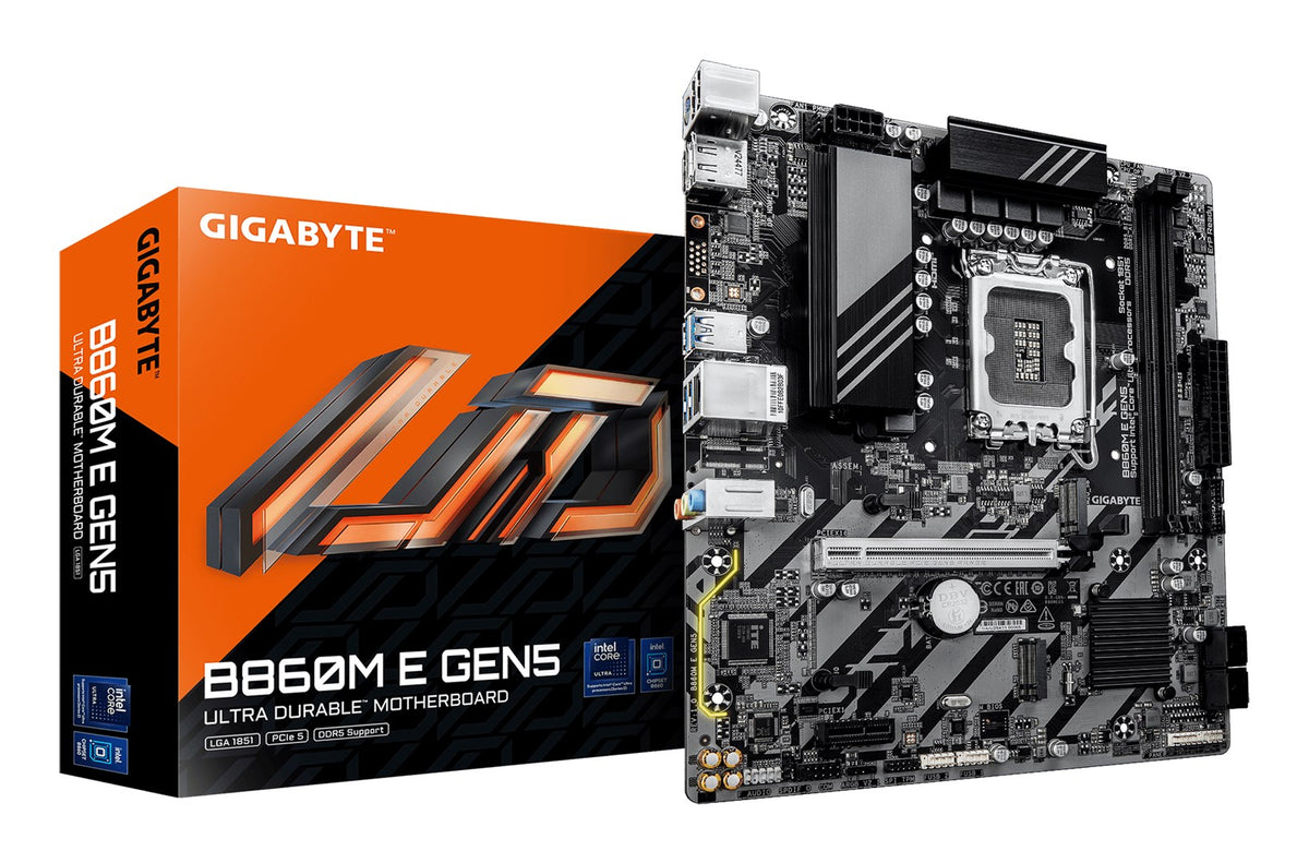 GIGABYTE B860M E GEN5 Motherboard - Intel Core Ultra Series CPUs  4+1+2 Phases VRM  up to 8800MHz DDR5 (O.C.)  2xPCIe 4.0 M.2  1GbE LAN  USB 3.2 Gen 1