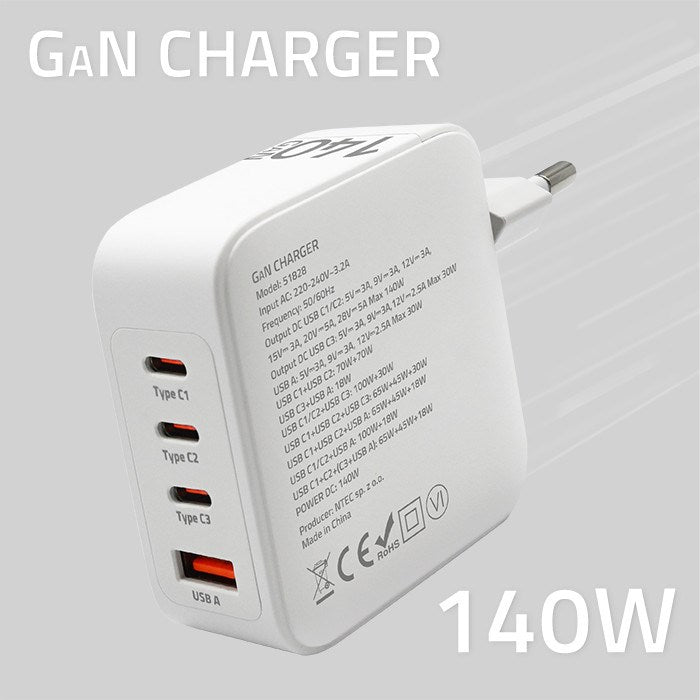 Qoltec 140W GaN Wall Charger 5-20V 3x USB-C PD 1x USB QC 3.0 White