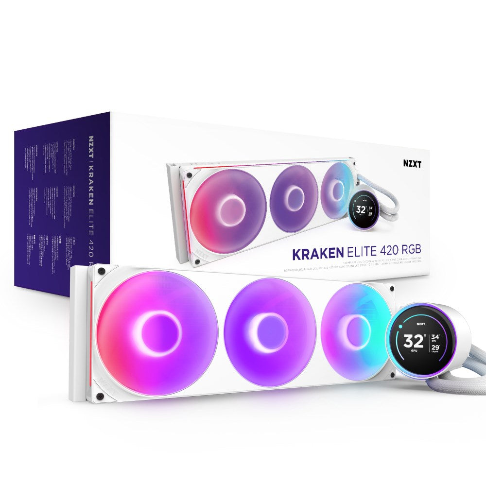 NZXT Kraken Elite 420 RGB AIO Liquid Cooler White - 420 mm Radiator, 3x 140 mm Fans