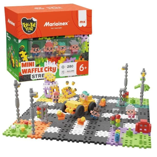 Marioinex Mini Waffle Building Blocks – City: Street Set, 280 Pieces, 4 Toy Figures, Model 904183