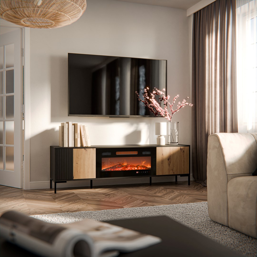 Cama MEBLE TV Cabinet with Electric Fireplace, 1800 mm Width, Black and Oak Finish, Model MERCI 400011+k