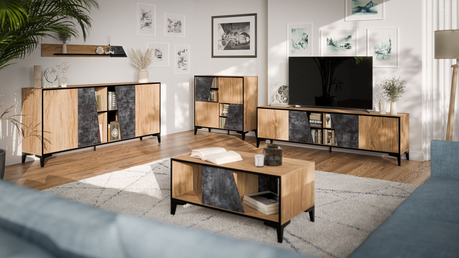 OVO 4D RTV Cabinet 180x38xH53 Oak/Concrete