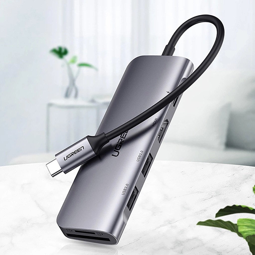 Ugreen CM195 6-in-1 USB-C adapter – HDMI / 2× USB-A 3.0 / USB-C PD / SD / TF card reader – grey