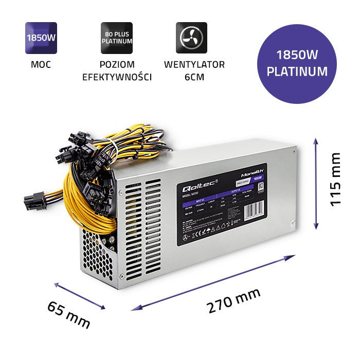 Qoltec Power Supply 1850W 80 Plus Platinum PCI-E Data Mining