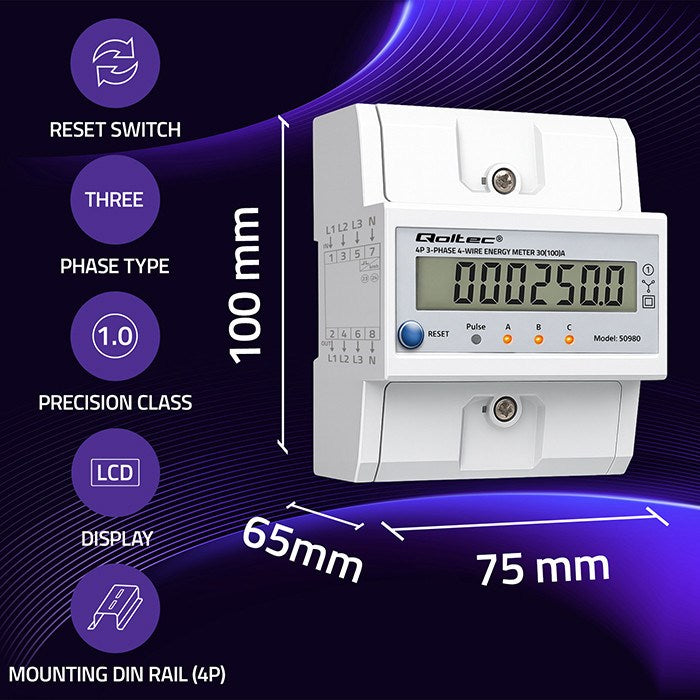 Qoltec Three-phase Electronic Meter 400V 100A DIN Rail Energy Consumption Meter Model 50980