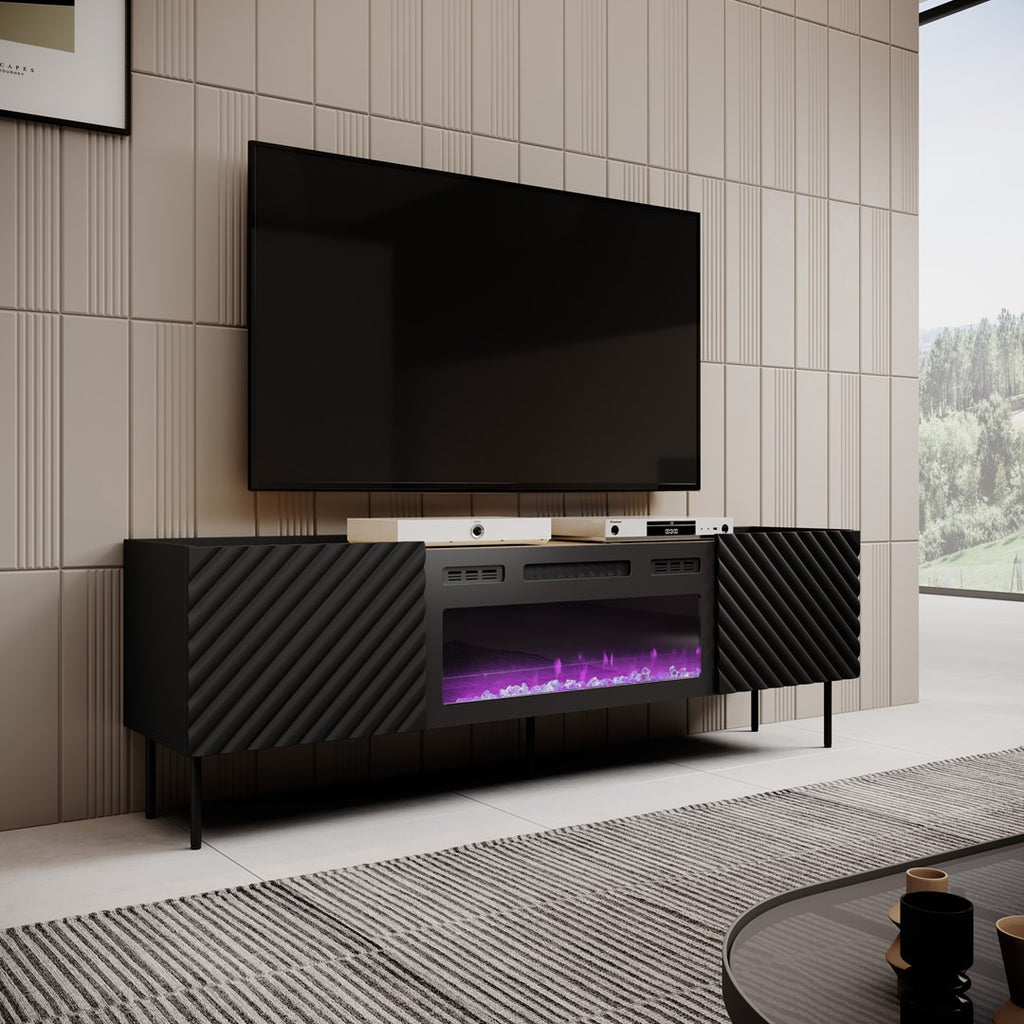Cama MEBLE TV Cabinet with Electric Fireplace, 1805 mm Length, Black Finish, Model ONDA 301442+