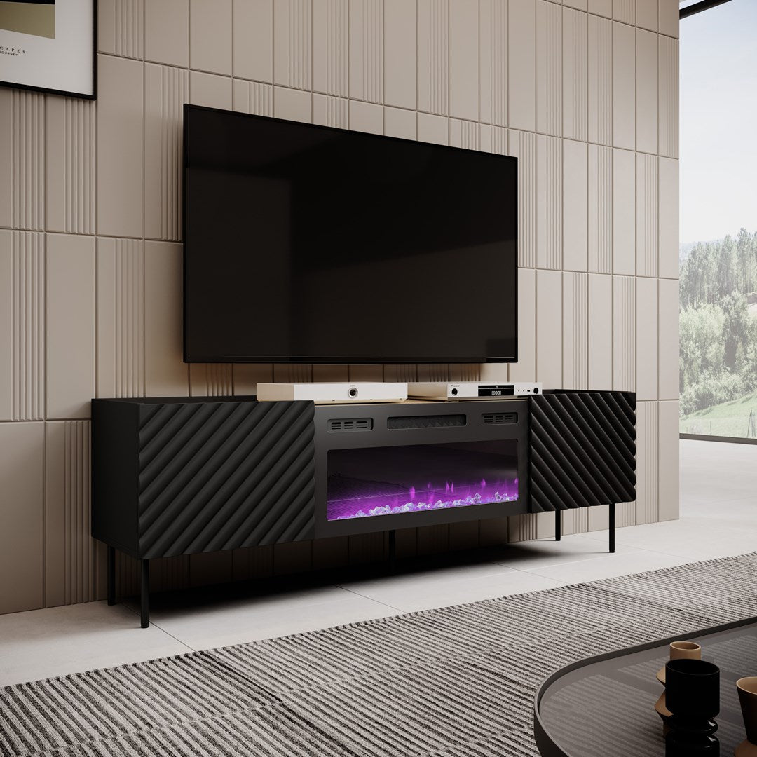 Cama MEBLE TV Cabinet with Electric Fireplace, 1805 mm Length, Black Finish, Model ONDA 301442+