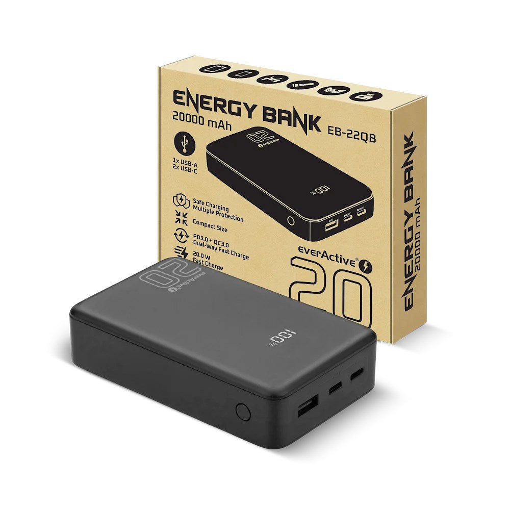 everActive Power Bank 20000mAh, 20W Output, LCD Screen, Model EB-22QB