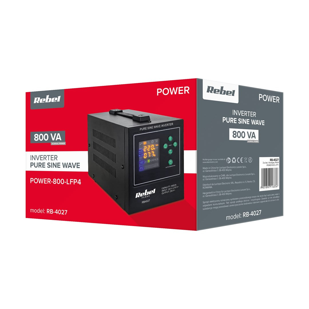 Rebel POWER-800-LFP4 emergency power supply – a pure sine wave inverter with a 12V charging function  230V  800VA/500W