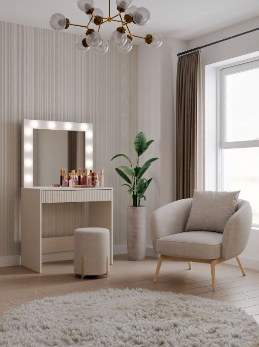 MARINA 2S SLIM Dressing Table Set, Colour: Cashmere, Elegant with Mirror and LED Lighting