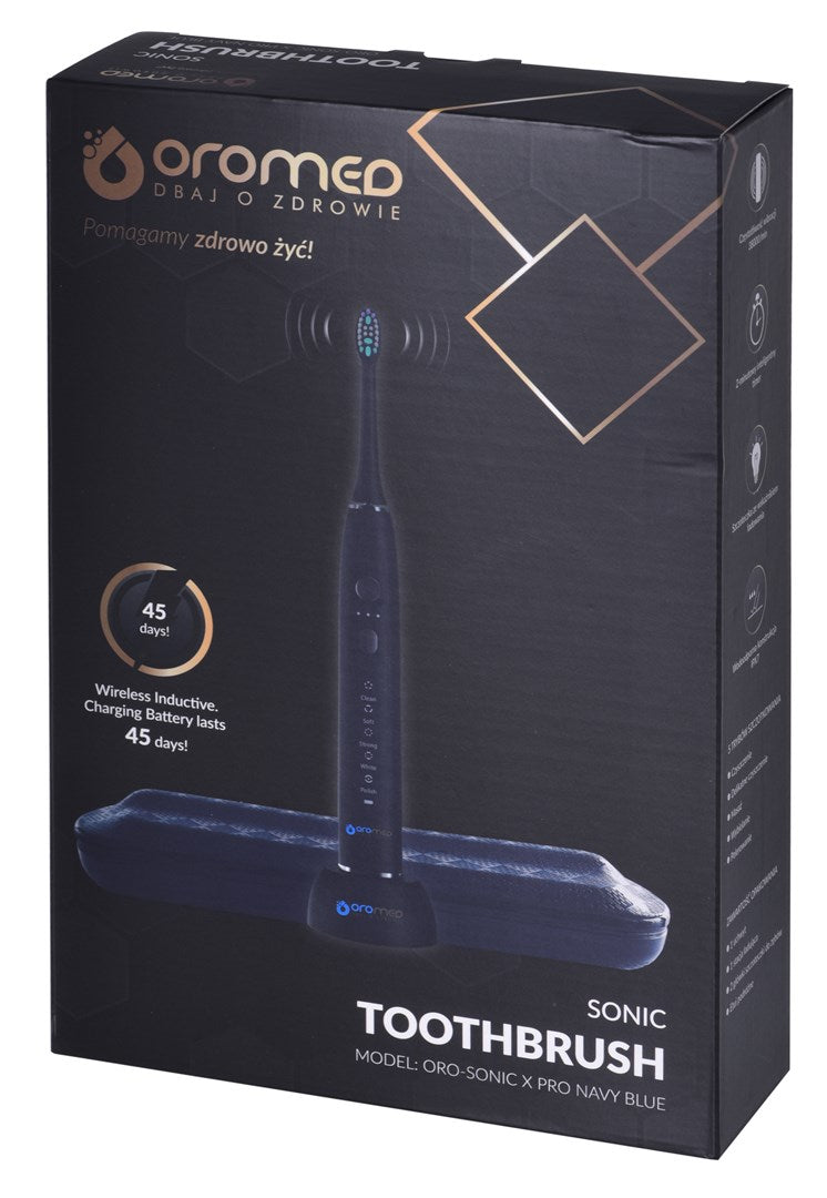 oromed ORO-SONIC X PRO NAVY BLUE Sonic Toothbrush 5 Modes IPX7 2 Brush Heads