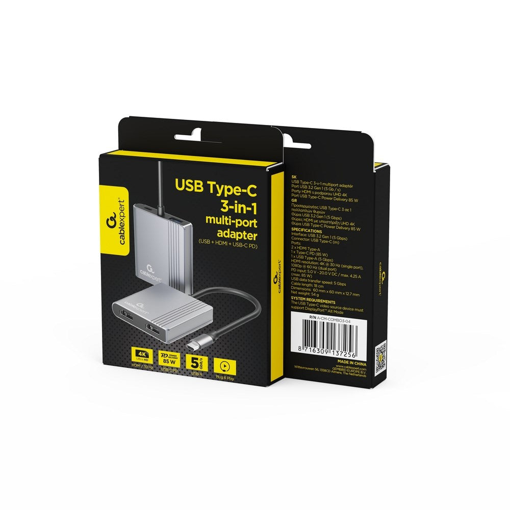 Gembird A-CM-COMBO3-04 USB Type-C 3-in-1 Multi-Port Adapter Space Grey