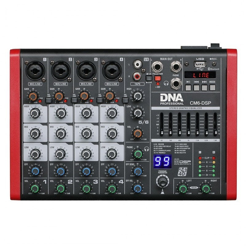 6-Channel USB Audio Mixer with MP3 Player and Bluetooth 6-Kanal-USB-Audiomixer MP3-Player 48-V-Phantomspeisung