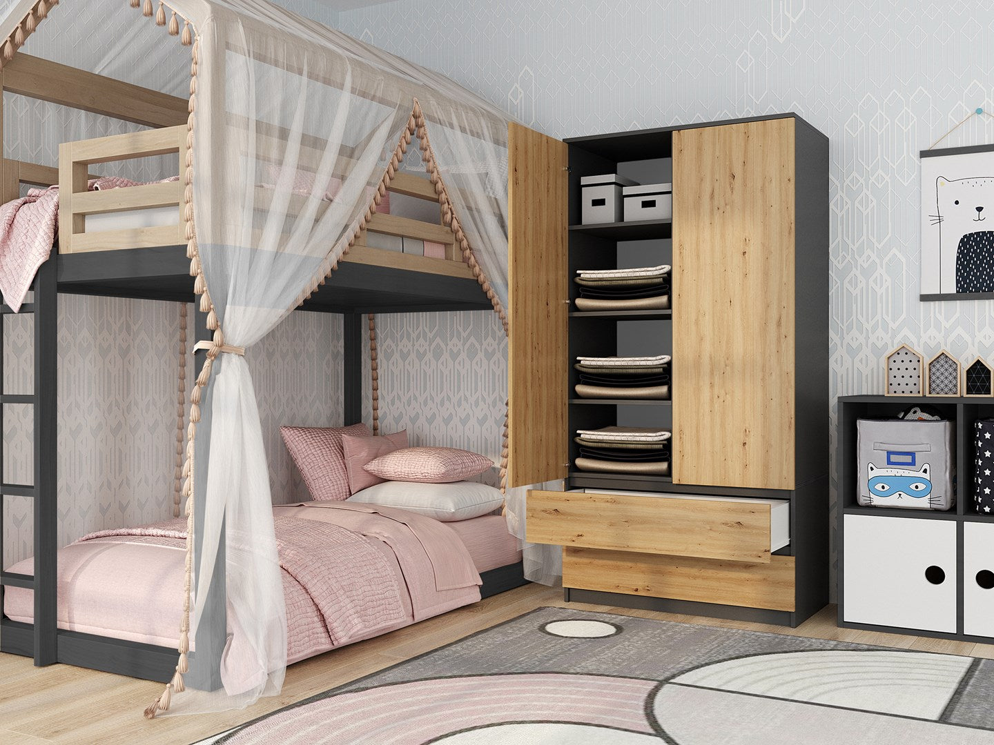 Topeshop SZAFA MALWA AN/AR K Wardrobe 2 Doors 5 Shelves Anthracite/Artisan Oak SS-90