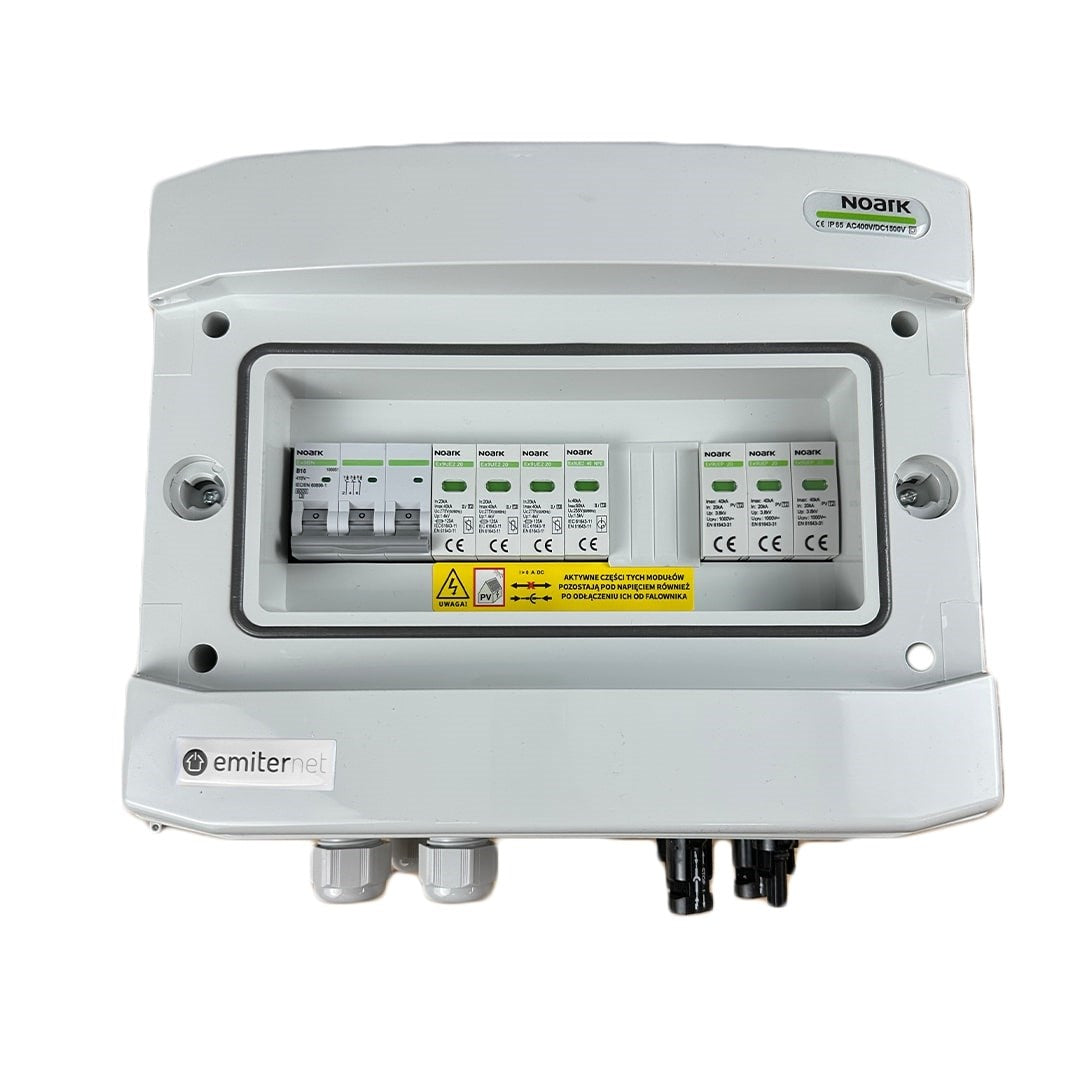 Switchgear attached DCAC hermetic IP65 EMITTER with Noark 1000V type 2 DC surge arrester  1 x PV string  1 x MPPT // og. AC Noark Type 2  10A 3-F