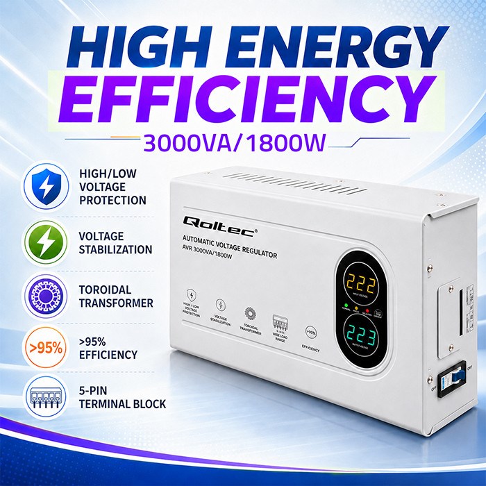 Qoltec Voltage Stabilizer 3 kVA 50450 - Automatic Regulation, 7930 g, 460x260x108 mm