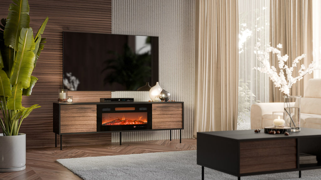 Cama CORTINA TV cabinet 180x40x60 black/walnut + black fireplace