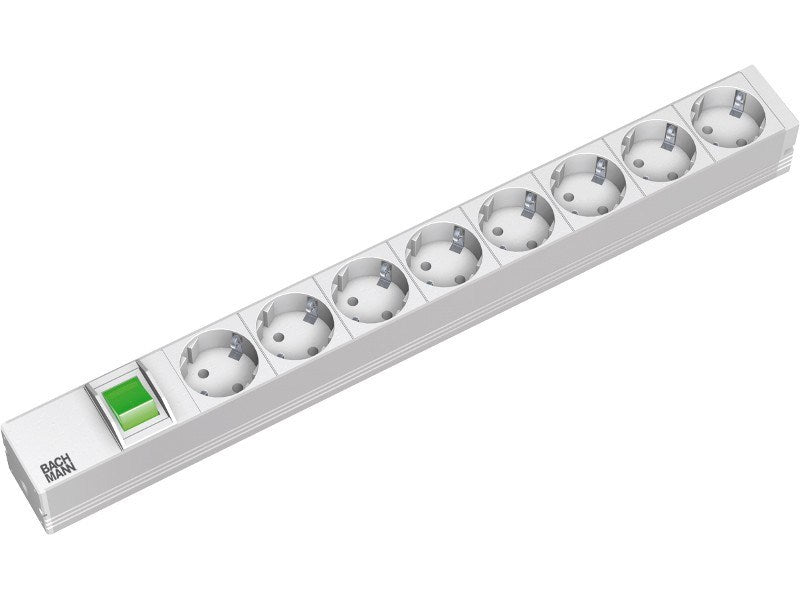 Bachmann Power Strip 48.30 cm 1U 8-Way Light Grey RAL7035 with Switch and 2 m Cable HO5VV-F 3G1.