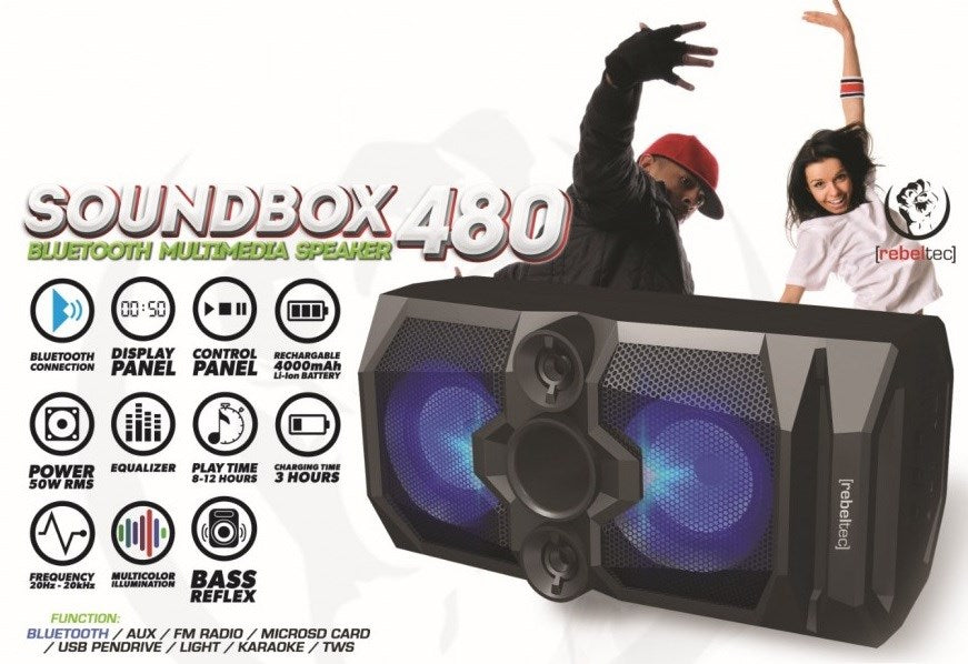 Rebeltec SoundBox 480 Portable Bluetooth Stereo Speaker 50W RMS Black RBLGLO00037