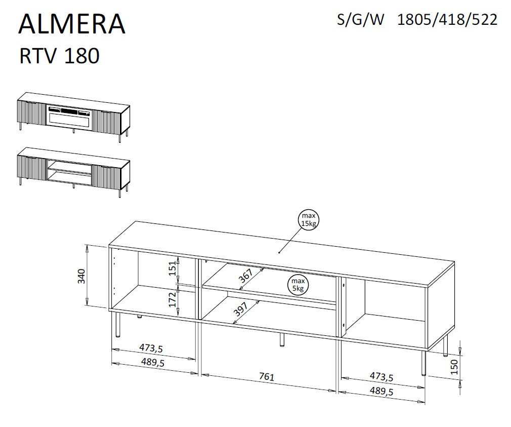 Cama ALMERA TV Cabinet 180.5x42x52.5 Walnut/Cashmere