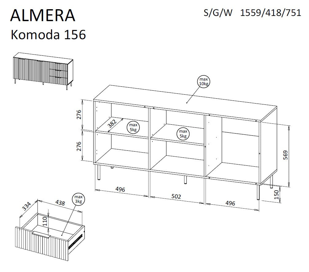 Cama Chest of Drawers 1 ALMERA 156x42x75 Walnut/Cashmere