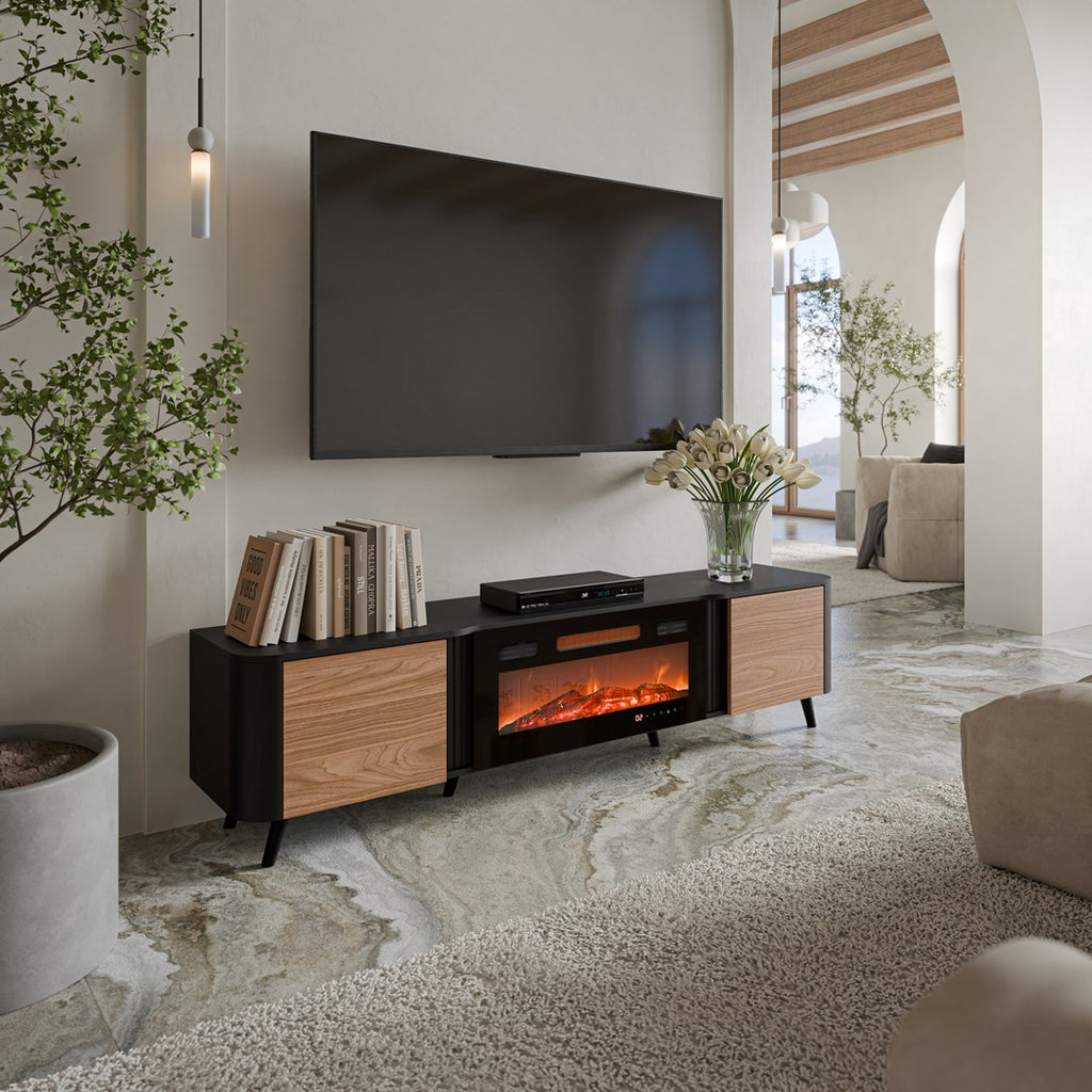 Cama MEBLE Cabinet with Electric Fireplace, Walnut Finish, 2000x390x2115 mm, Model VOLARE 410052