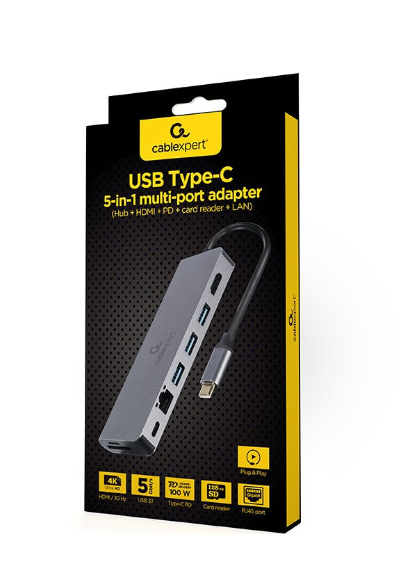 Gembird A-CM-COMBO5-05 - USB Type-C 5-in-1 Multi-Port Adapter - Hub + HDMI + PD + Card Reader + LAN