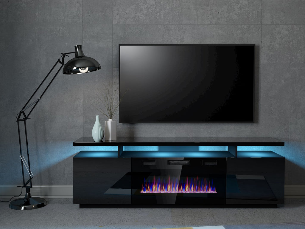 Cama MEBLE RTV EVA Cabinet with Electric Fireplace 180x40x52 cm Black/Gloss Black