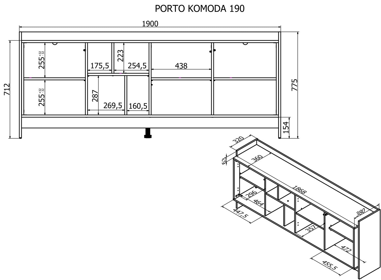 Cama PORTO 3D Chest of Drawers 190 x 38 x 77 cm Oak/Black 190x38x77
