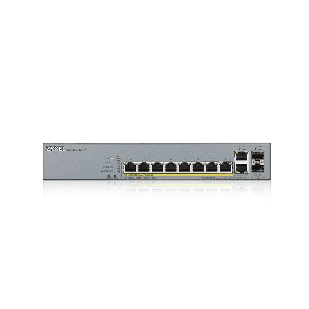 Zyxel GS1350-12HP - Smart Switch - 8 x 10/100/1000 (PoE+) + 2 x 10/100/1000 (Uplink) + 2 x Gigabit SFP (Uplink) - Desktop, Rack