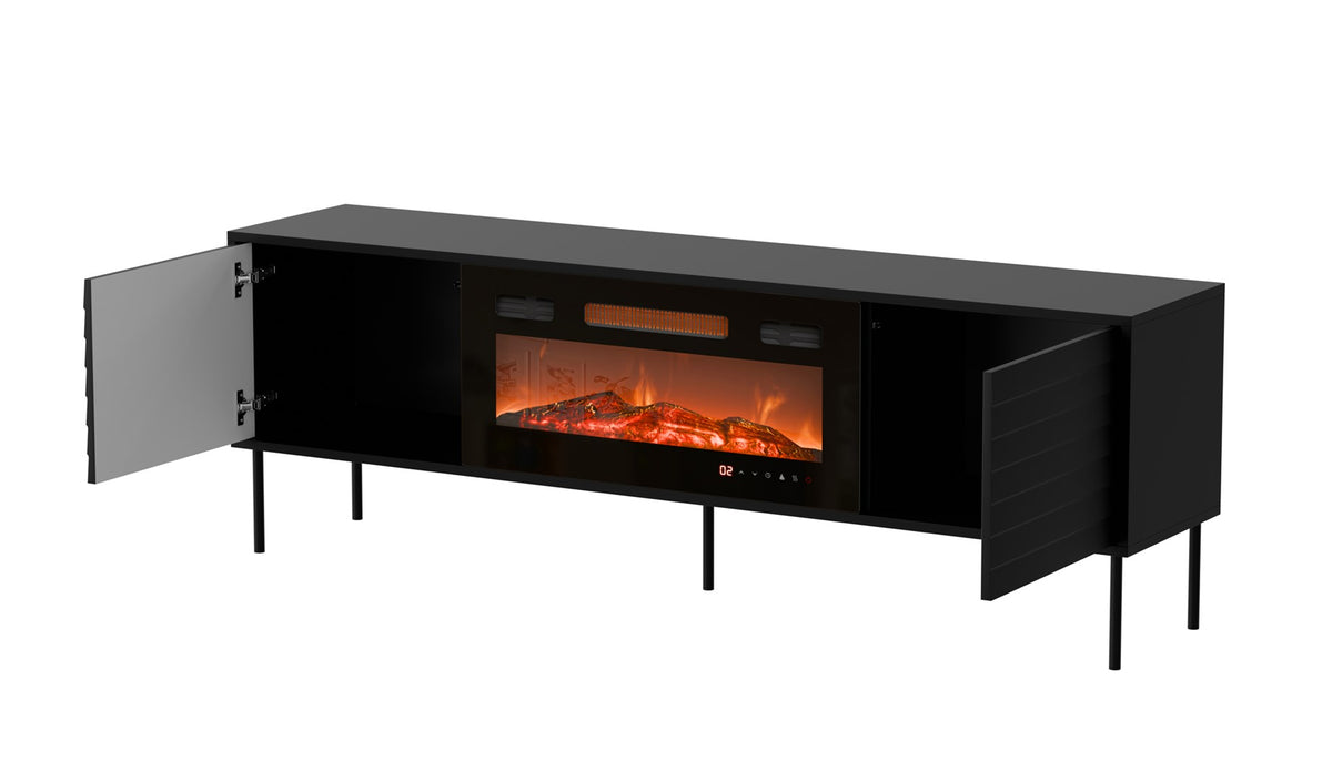Cama MEBLE TV Cabinet CORTINA 1800 mm with Electric Fireplace, Black, Self-Assembly