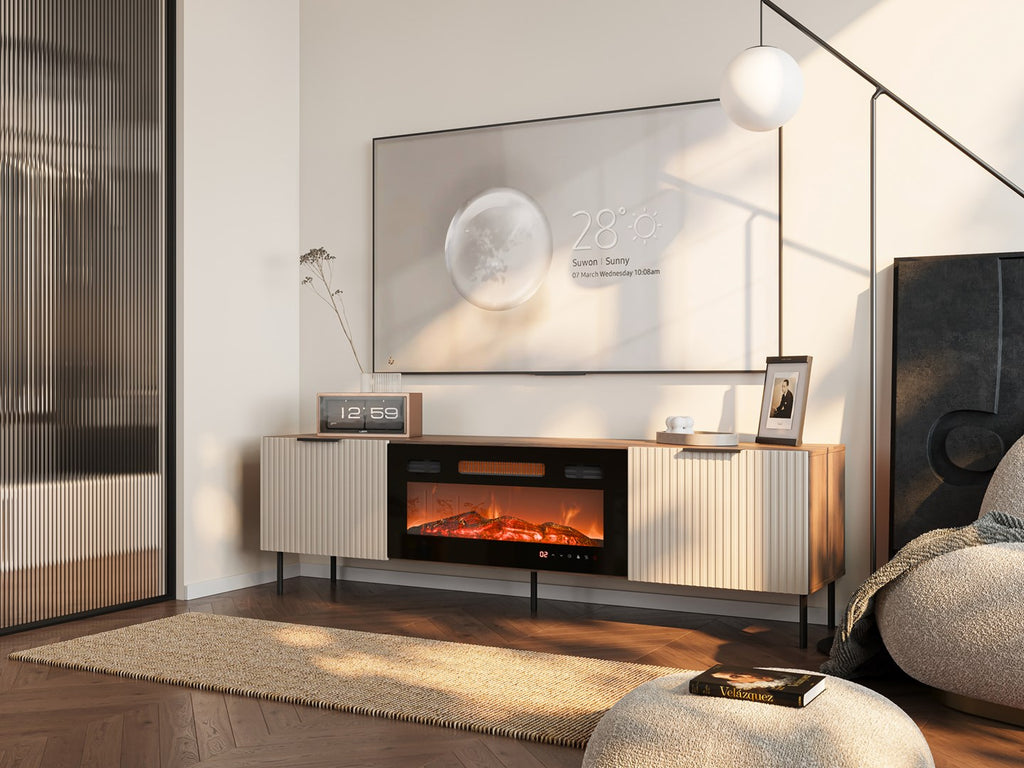 Cama MEBLE TV Cabinet ALMERA 1805 mm with Electric Fireplace, Walnut/Cashmere, Self-Assembly