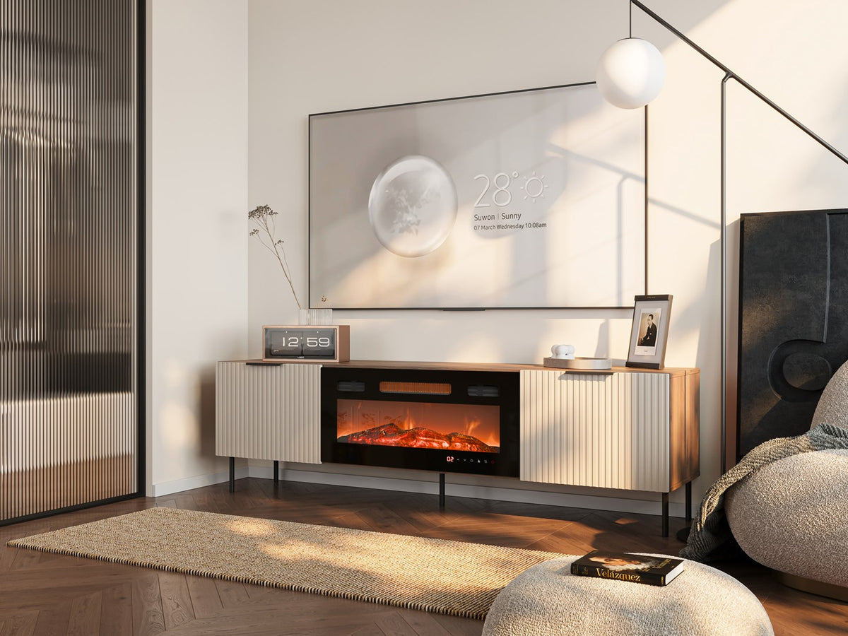 Cama MEBLE TV Cabinet ALMERA 1805 mm with Electric Fireplace, Walnut/Cashmere, Self-Assembly