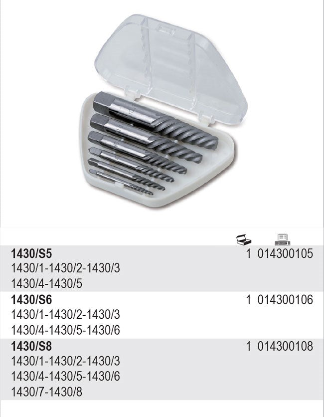 Beta Screw Extractor Set 8 Pieces Weight 920 g Dimensions 179x141x55 mm Model 1430-S8