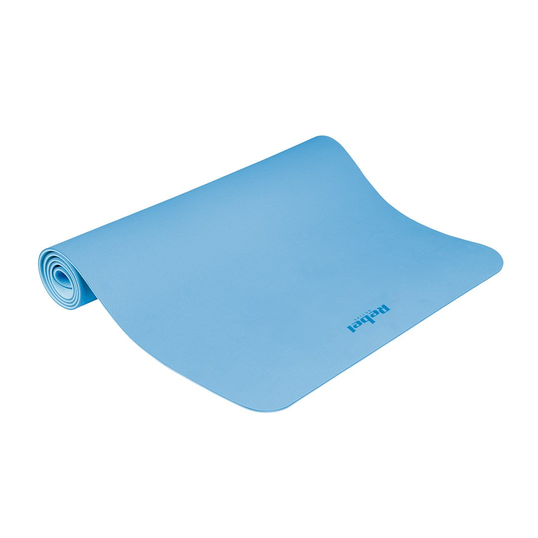 Mata gimnastyczna do ćwiczeń joga  pilates  fitness  200x90cm  grubość 1cm  materiał TPE  niebieska  REBEL ACTIVE