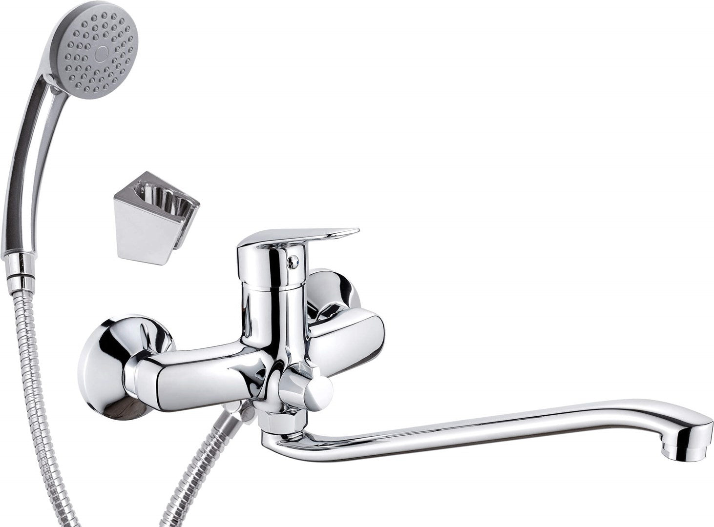 Wall-mounted washbasin mixer with extended spout - hose and shower set connection