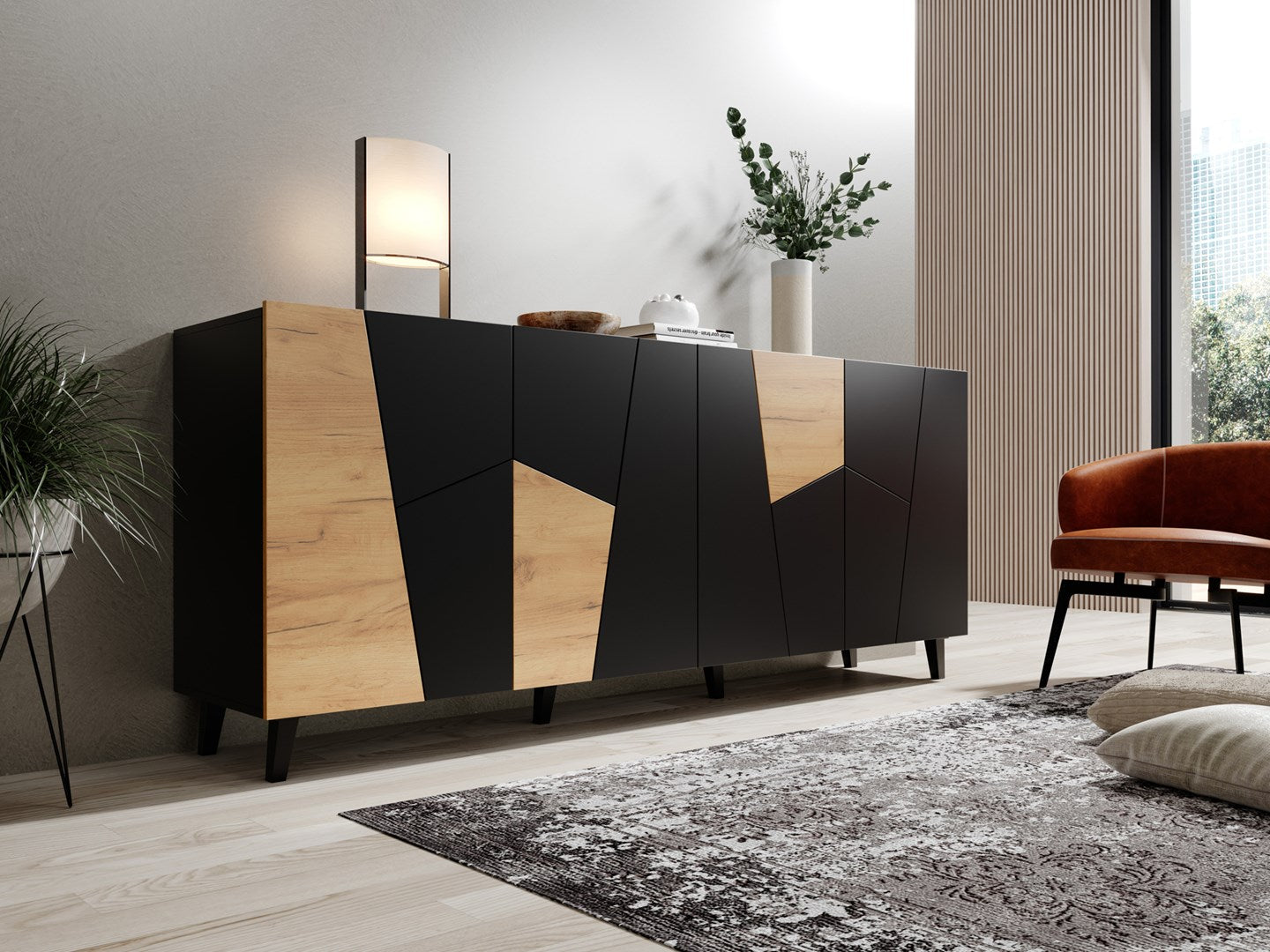 ETNA Chest of Drawers 200x42x82 Black Matte + Oak Craft